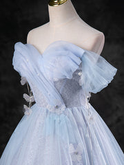 Blue A-Line Off Shoulder Tulle Long Prom Dress, Blue Formal Dress