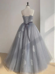 A Line Strapless Appliques Gray Tulle Long Prom Dresses Evening Dresses