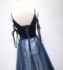 Blue A-line Straps Tulle Long Evening Dress Party Dress, Blue Bridesmaid Dress