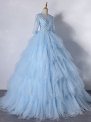 Blue A-Line Tulle Lace Long Prom Dress, Blue Lace Formal Evening Dresses