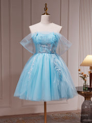 Blue A-line Tulle Short Prom Dress, Blue Homecoming Dress