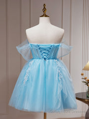 Blue A-line Tulle Short Prom Dress, Blue Homecoming Dress