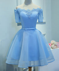 Blue A-Line Tulle Short Sleeve Lace Short Prom Dress, Blue Cute Homecoming Dress