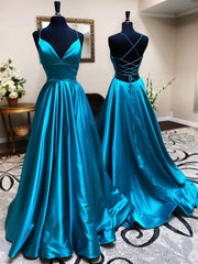 Blue A Line V Neck Backless Satin Long Prom Dresses Open Back Formal Graduation Evening Gowns