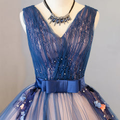 Blue and Pink Flower Lace Applique V-neckline Sweet 16 Gown, Floor Length Formal Dresses