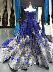 Blue And White Sequins Off The Shoulder Backless Appliques Haute Couture Prom Dresses