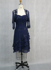 Blue Appliqued 3/4 Sleeve Knee Length Mother of the Bride Dresses With Jacket