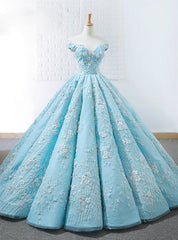 Blue Ball Gown Off The Shoulder Appliques Haute Couture Wedding Dresses