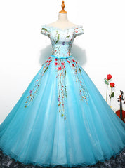 Blue Ball Gown Off The Shoulder Tulle Quinceanera Dresses