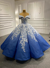 Blue Ball Gown Off the Shouler Appliques Prom Dresses