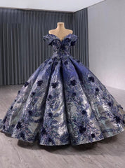 Blue Ball Gown Sequins Appliques Off the Shoulder Prom Dresses