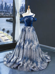 Blue Ball Gown Silver Sequins Off the Shoulder Prom Dresses