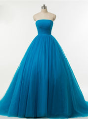 Blue Ball Gown Strapless Tulle Backless Wedding Dresses