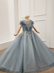 Blue Ball Gown Tulle Appliques Beading Flwoer Girl Dresses