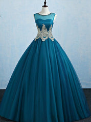 Blue Ball Gown Tulle Appliques Quinceanera Dresses