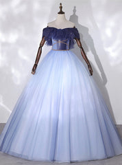 Blue Ball Gown Tulle Off the Shoulder Quinceanera Dresses