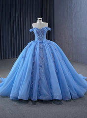 Blue Ball Gown Tulle Off the Shoulder Sequins Appliques Prom Dresses