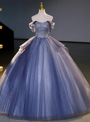 Blue Ball Gown Tulle Sequins Beading Quinceanera Dresses