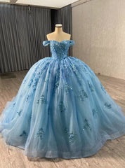 Blue Ball Gown Tulle Sequins Flower Prom Dresses