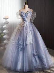 Blue Ball Gown Tulle Sequins Off the Shoulder Beading Prom Dresses