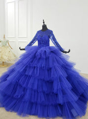 Blue Ball Gown Tulle Tiers Long Sleeve Beading Wedding Dresses