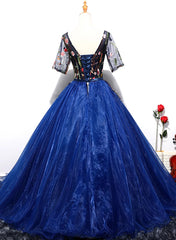 Blue Ball Gown Tulle with Lace Short Sleeves Party Dress, Blue Sweet 16 Dress