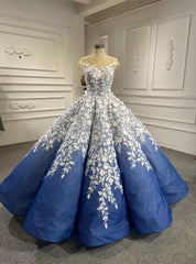 Blue Ball Gown White 3D Appliques Prom Dresses