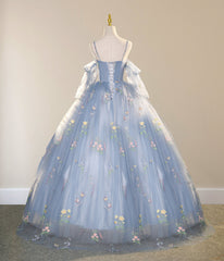 Blue Ball Gown with Scattered Little Flower Prom Dresses