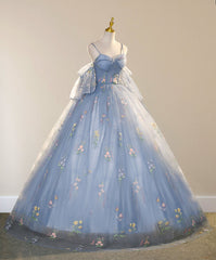 Blue Ball Gown with Scattered Little Flower Prom Dresses