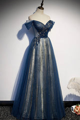 Blue Beaded Off Shoulder Sweetheart Shiny Tulle Party Dresses, Blue Evening Dresses Prom Dresses