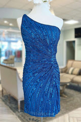 Blue Beaded One-Shoulder Short Cocktail Dresses