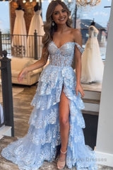 Blue Corset Tiered Lace Prom Dress with Slit