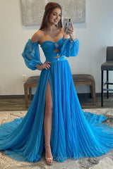 Blue Detachable Sleeves Cut-Out Long Prom Dress with Beading