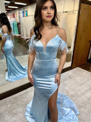 Blue Glitter Feather V Neck Long Prom Dresses with Slit