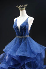 Blue Glitter Tulle Long A-Line Prom Dresses, V-Neck Spaghetti Strap Backless Evening Party Dresses