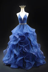 Blue Glitter Tulle Long A-Line Prom Dresses, V-Neck Spaghetti Strap Backless Evening Party Dresses