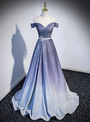 Blue Gradient Off the Shoulder Prom Dresses