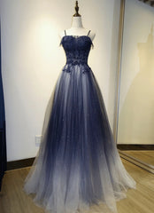 Blue Gradient Straps Tulle Long Party Dresses with Lace Blue Junior Prom Dresses prom Dresses shops