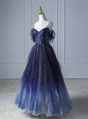 Blue Gradient Tulle Strapls Beading Prom Dresses