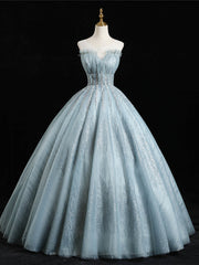 Blue Gray Ball Gown Tulle Sequins Beading Quinceanera Dresses