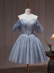 Blue Gray Tulle Beading Homecoming Dresses