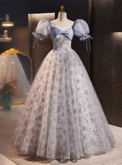 Blue Gray Tulle Sequins Puff Sleeve Prom Dresses