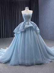 Blue Gray Tulle Sweetheart Pleats Prom Dresses