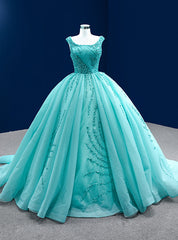 Blue Green Tulle Pleats Beading Pearls Prom Dresses