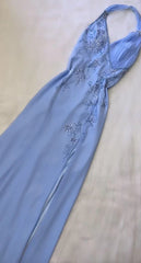 Blue Halter A Line Long Prom Dresses Chic Beeaded Formal Party Dresses Evening Gown