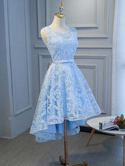 Blue High Low Lace Prom Dresses, Blue High Low Lace Graduation Homecoming Dresses