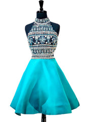 Blue High Neck Beaded Crystals Backless Party Homecoming Dresses