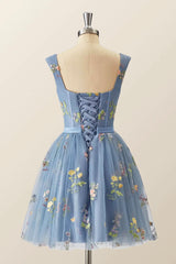 Blue Knee Length Tulle Party Dresses, Cute Blue  Floral Tulle Homecoming Dresses