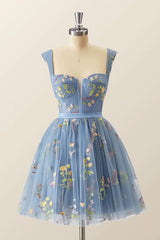 Blue Knee Length Tulle Party Dresses, Cute Blue  Floral Tulle Homecoming Dresses