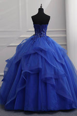 Blue Lace Strapless Ball Gown Formal Dress, Blue Long Sweet 16 Dress